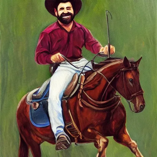 Prompt: a painting of billy mays riding a horse, elegant