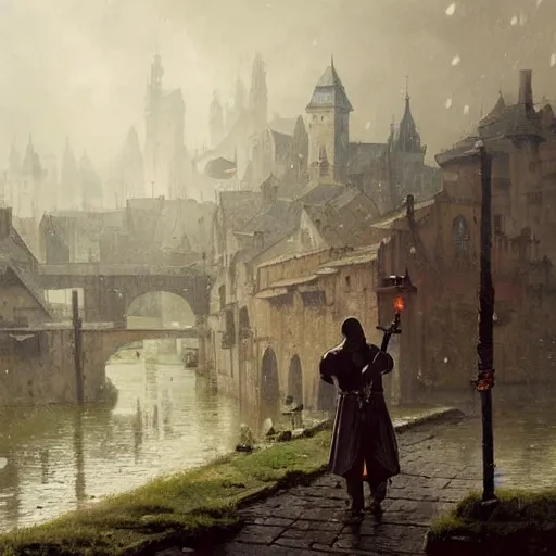 Prompt: a man holding a sword in the medieval era the background to the small town and it is raining by greg rutkowski