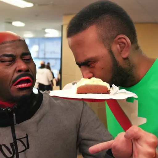 Image similar to angry black guy wearing ski mask throws slice of cake on a man's face