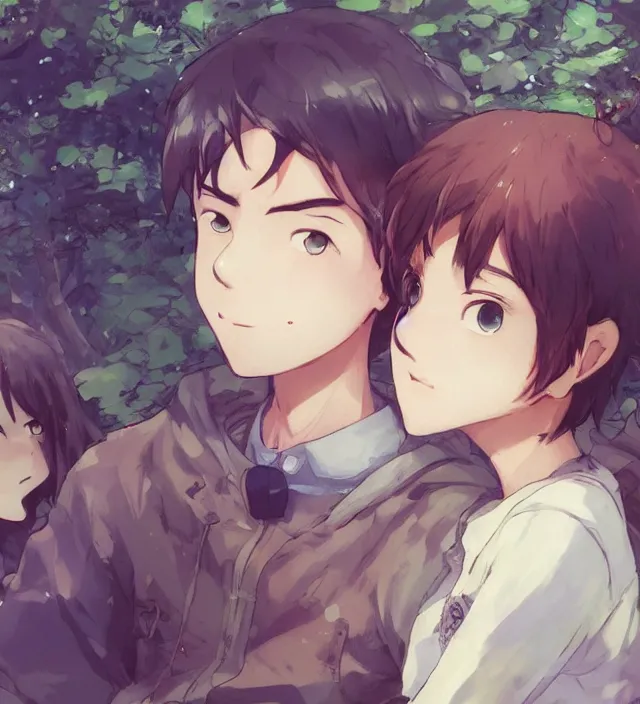Prompt: a close up of a boy and a girl sitting together in a forest. cute anime eyes. by makoto shinkai, stanley artgerm lau, wlop, rossdraws, james jean, andrei riabovitchev, marc simonetti, krenz cushart, sakimichan, trending on artstation, digital art.