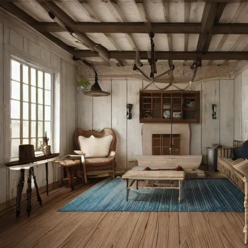 Image similar to 1 9 2 0 farmhouse interior design style, hyper realistic, octane render,