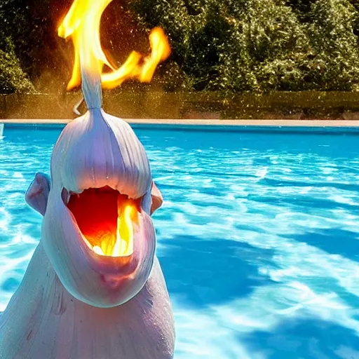 Image similar to garlic spewing fire from the mouth while in the pool