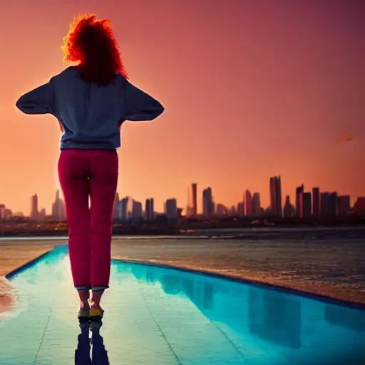 Image similar to lonely young woman with red hair, magenta coat, and light blue pants ; wandering a beach at sunset with a city skyline on the horizon, oil painting, warm lighting, swimming pool in foreground