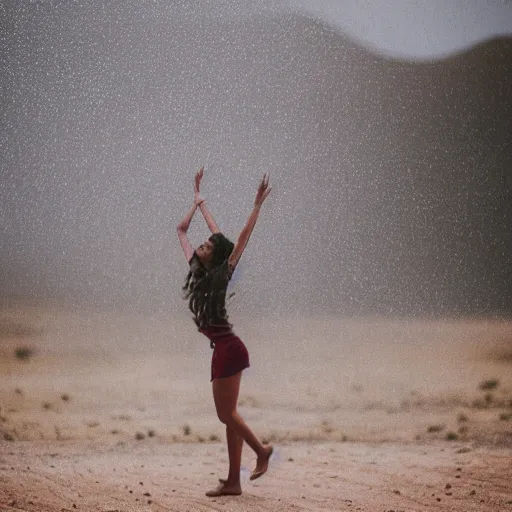 Image similar to a photo of a female doing basket in the desert while it's raining, 5 0 mm lens, f 1. 4, sharp focus, ethereal, emotionally evoking, head in focus, volumetric lighting, 8 k