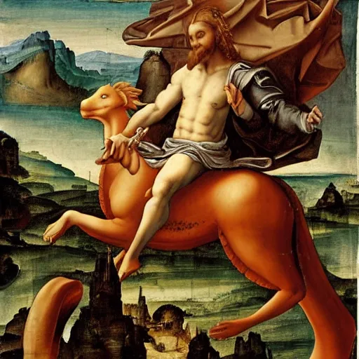 Prompt: jesus riding a dragon near a castle, renaissance painting, mystical