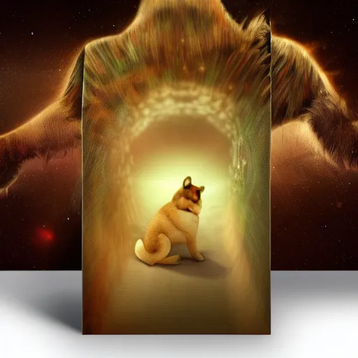 Image similar to shiba inu puppy warrior walks through a dimensional portal,back view, Fantasy Art