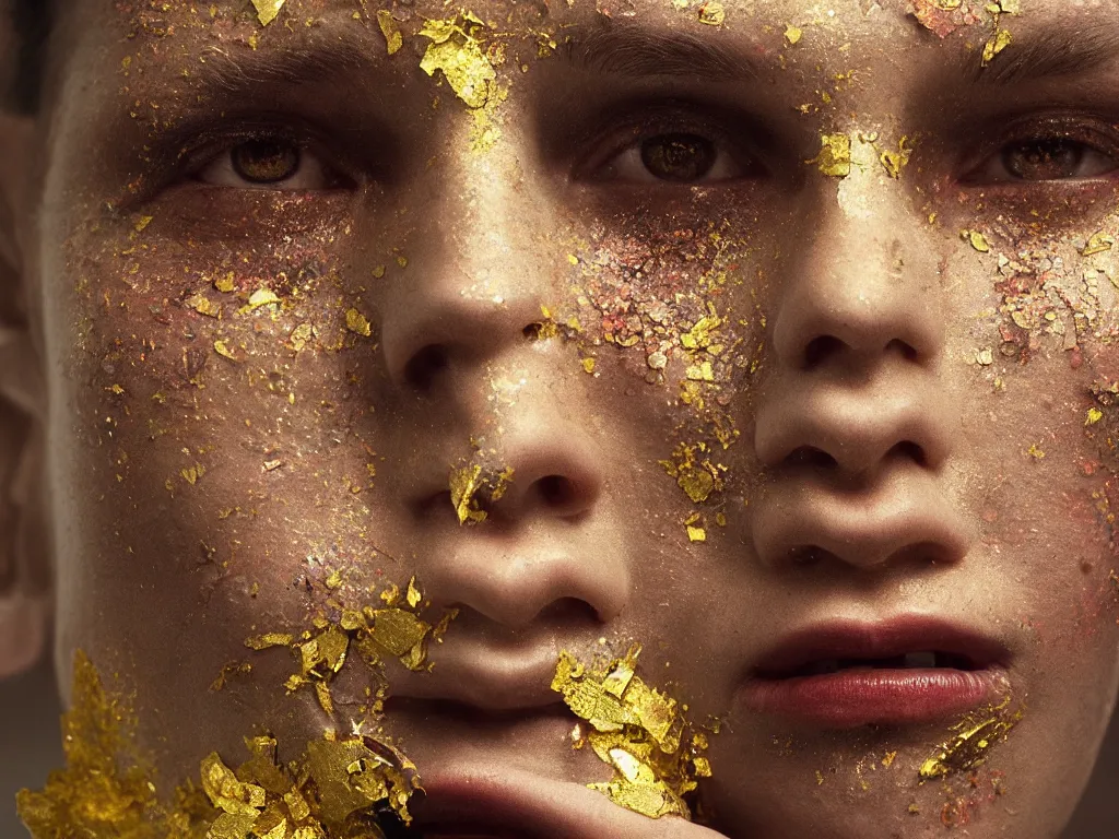 Prompt: a beautiful hyperrealistic rendering portrait of a human being with kintsugi reparied pottery cracks of gold on their face, rendering, cryengine, deep colors, deep lush vivid colors, vray render, cgsociety