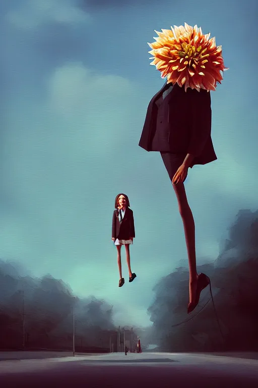 Prompt: closeup giant dahlia flower head, girl in a suit on a street, surreal photography, blue sky, sunrise, dramatic light, impressionist painting, digital painting, artstation, simon stalenhag