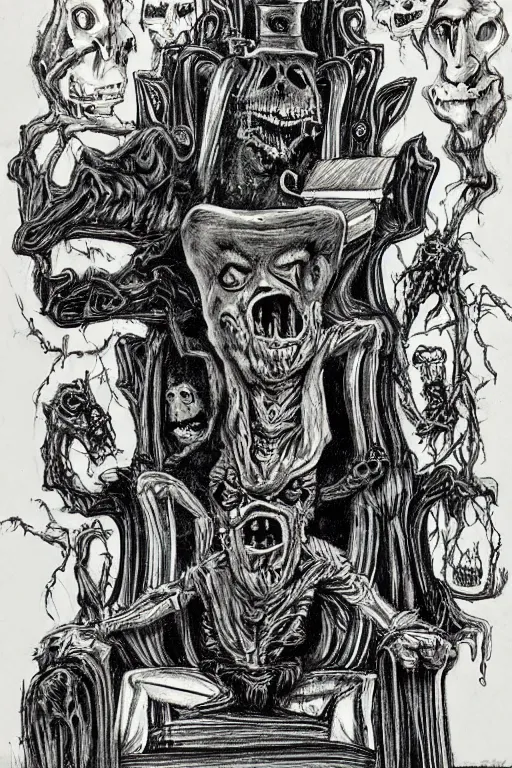 Image similar to a haunted man sitting in a throne, surrounded by your alternative personalities, by ed ( big daddy ) roth