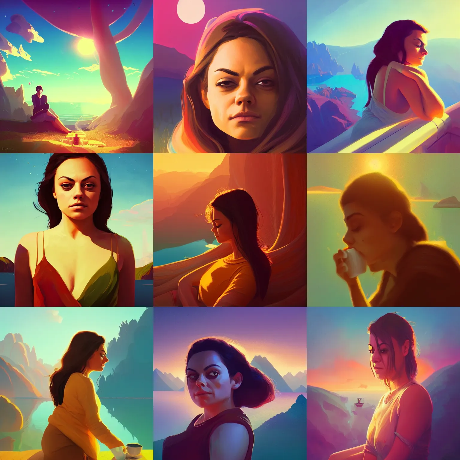 Image similar to close - up portrait of sleepy mila kunis, morning golden hour, steaming coffee, mystical lake view vista, anton fadeev, paul lehr, rhads, alena aenami