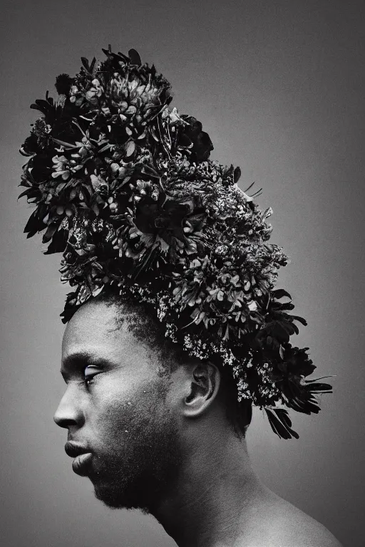 Prompt: a black young man's face in profile, made of flowers and fruit, in the style of the Dutch masters and Alec Soth, dark and moody