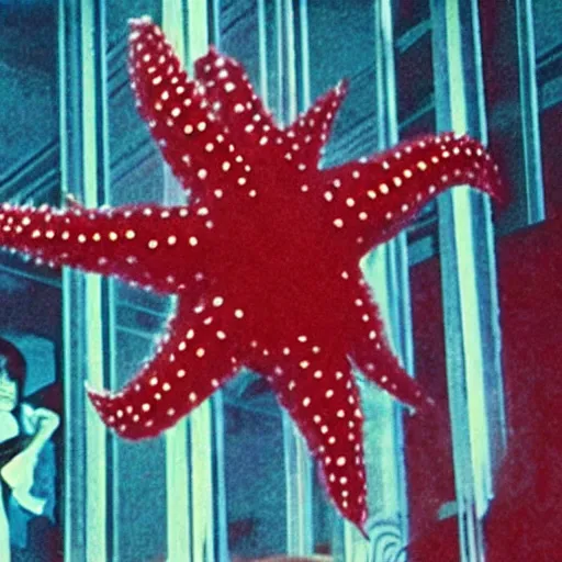 Prompt: a filmstill of pulgasari, kaiju starfish, in the style of suspiria ( 1 9 7 7 )