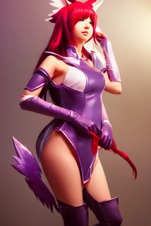 Prompt: ahri ( league of legends ) cosplay, anatomically correct, by ilya kuvshinov, greg rutkowski and makoto shinkai, trending on artstation