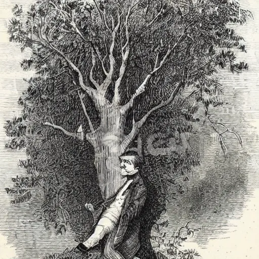 Image similar to tree with a human face smoking a cigarette, high detail, 1 9 th century illustration by john tenniel