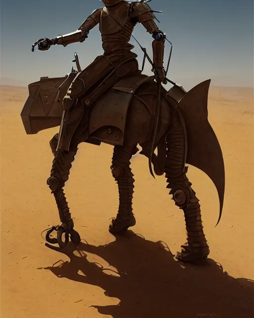 Image similar to robot desert stalker, middle ages, lonely rider, covered head, full body | | realistic shaded, fine details, realistic shaded lighting poster by greg rutkowski, diego gisbert llorens, magali villeneuve, artgerm, jeremy lipkin and rob rey