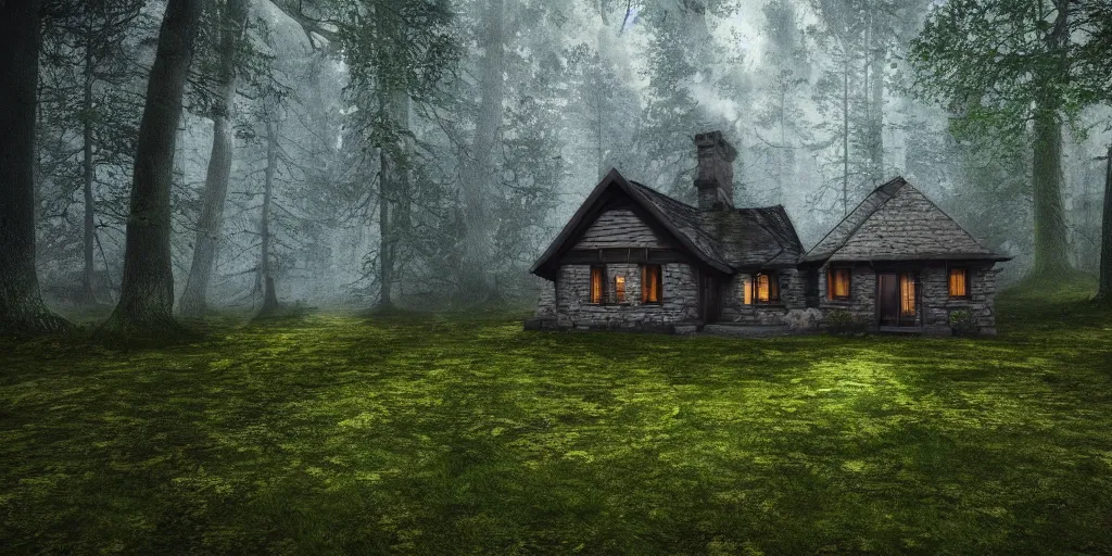 Image similar to a cottage in the woods, fantasy, hyper realistic, dramatic lighting, wide angle lens, 8k