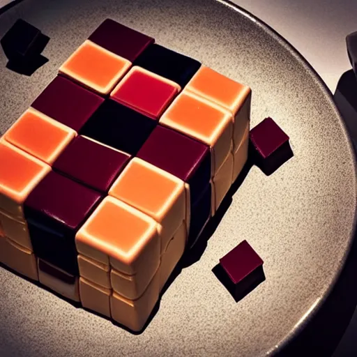 Image similar to Dessert shaped like a rubix cube, Michelin star restaurant food photography