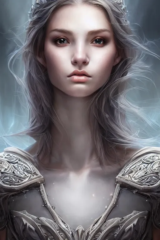 Image similar to a photorealistic portrait of an attractive young girl, semi-clothed in ethereal armor, emitting psychic powers, beautiful bone structure, perfectly proportioned face, perfect eyes, intricate, elegant, highly detailed, hyper detailed, volumetric lighting, trending on tumblr, by artgerm, by loish, fantasy scene, fantasy aesthetic, trending on Artstation