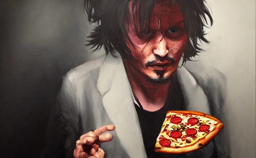 Image similar to a painting of pizza depp trending on artstation in the style of greg rutkowski