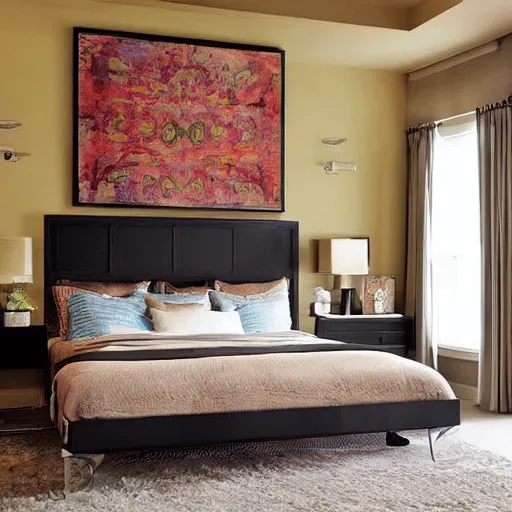Image similar to award-winning catalog photo modern headboard in the shape of an ornate fireplace mantel master bedroom