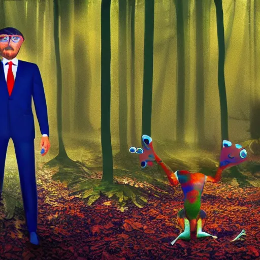 Prompt: businessman in a psychedelic trip by a poisonous frog in the middle of a forest, hyper realism, high detail, octane, 4k textures