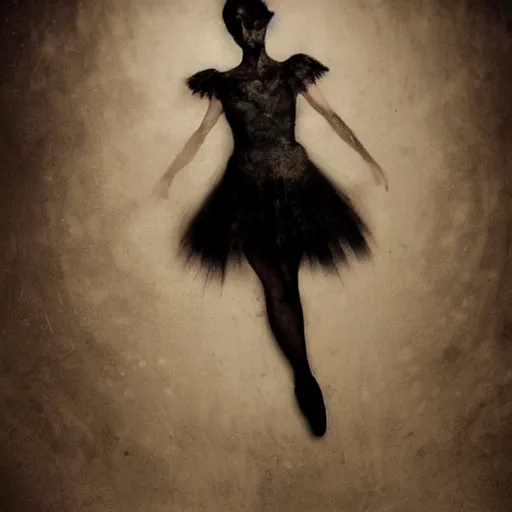 Image similar to dark ballerina, emil melmoth, portrait, concept art, deviantart, dark, 3 5 mm, chiaroscuro, surrealist, victorian, mist, dark, dancing in an empty room