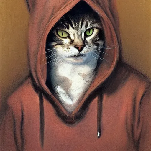 Prompt: a portrait of a cat wearing a hoodie, painting by Salvador Dali, Frank Frazetta, Frank Miller, Moebius, artstation