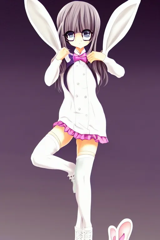 Prompt: full body anime portrait of a cute, bunny suit, playboy, shoes, lace, android girl round eyes long hair dressed in a school uniform inside the school cinematic stunning highly detailed 4 k anatomically correct