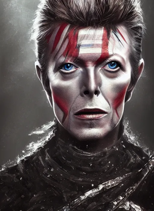 Image similar to masterpiece portrait david bowie, full body, dark souls style, warrior, gael knight, ashen warrior, detailed portrait, fantasy character portrait, top lighting, hyper detailed, digital painting, 8 k realistic, hyper detailed, realistic shaded, perfect face, artstation,