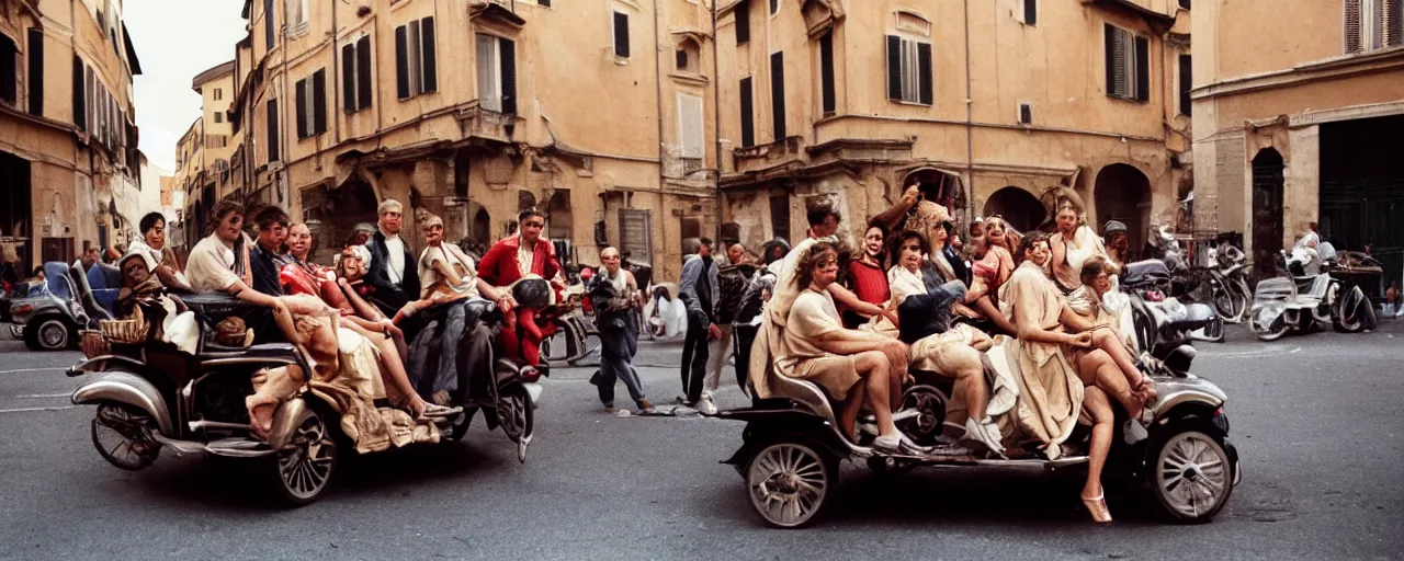 Prompt: a group of people on the streets of rome riding in a car made of spaghetti, canon 5 0 mm, cinematic lighting, photography, retro, film, kodachrome