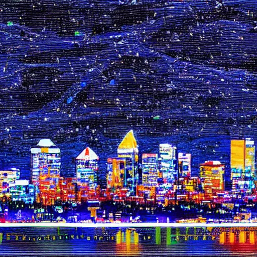 Image similar to calgary cityscape skyline in the style of starry nights