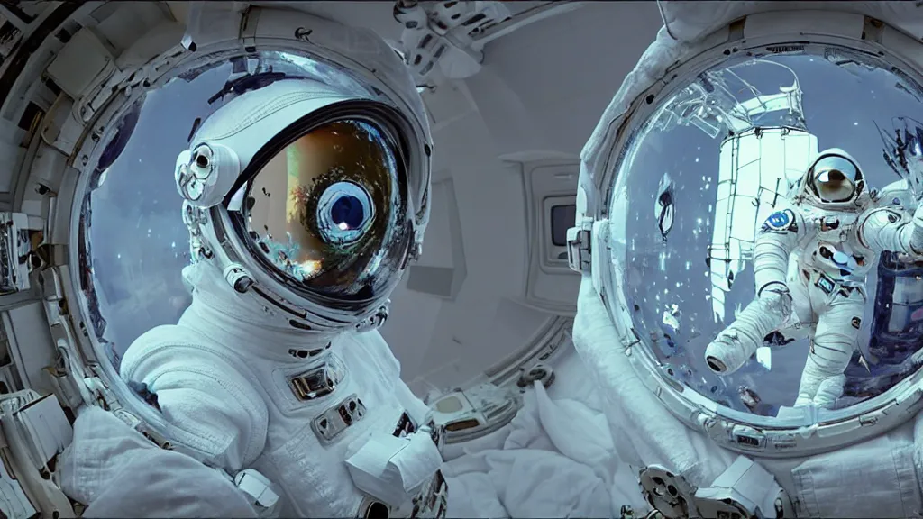 Image similar to a cybernetic symbiosis of a single astronaut eva suit with diamond 3d fractal lace iridescent bubble 3d skin covered with insectoid compound eye camera lenses floats through the living room, film still from the movie directed by Denis Villeneuve with art direction by Salvador Dalí, wide lens,