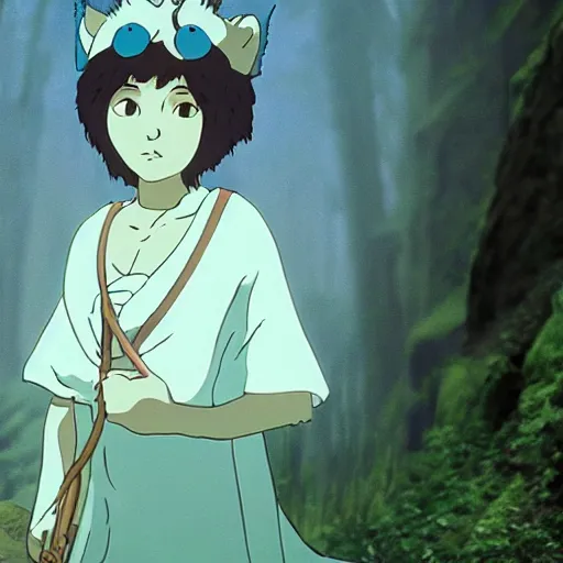 Image similar to mary elizabeth winstead as princess mononoke, still frame, sharp focus, cinematic, filmic