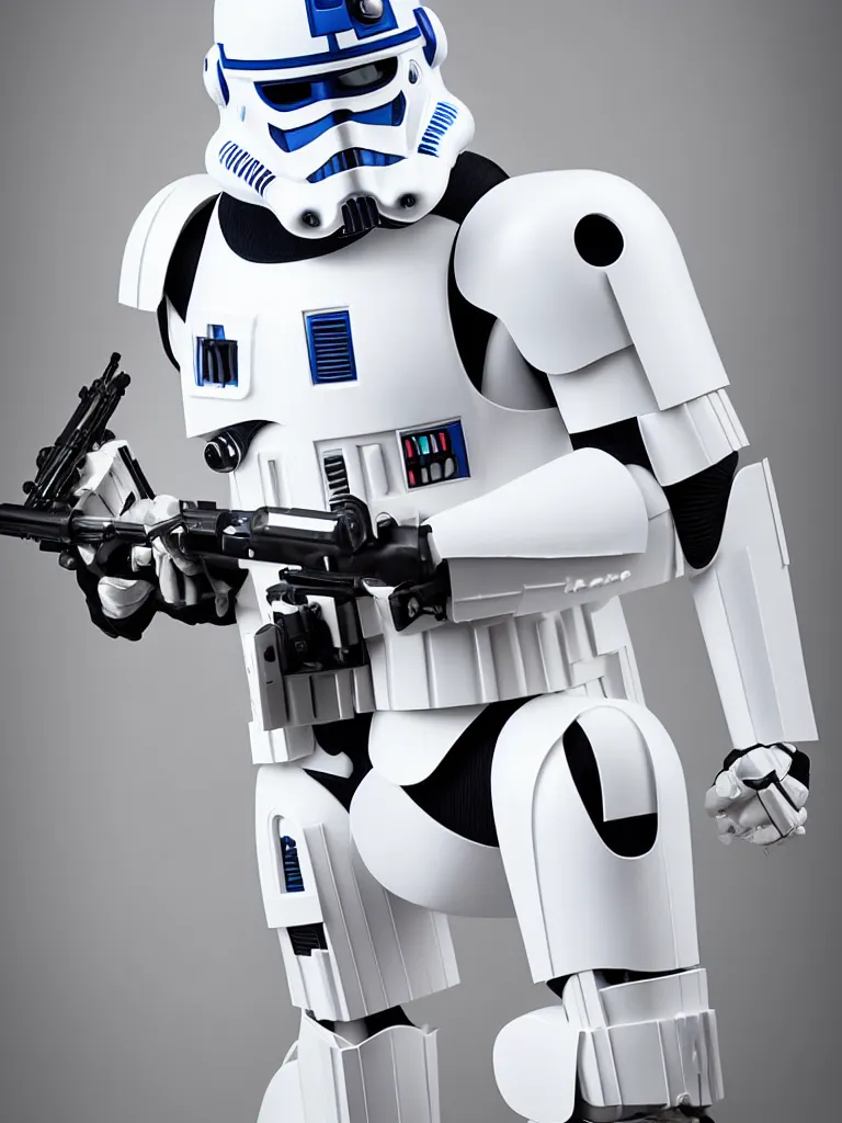 Prompt: “studio portrait photographer of a stormtrooper mixed with R2-D2, studio lighting, high quality, Star Wars, action pose”