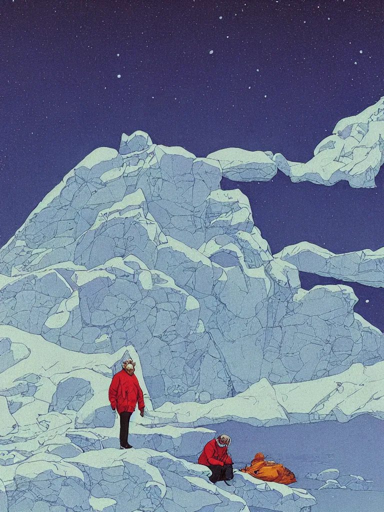 Image similar to a closeup portrait of an old man taking mind altering drugs, a blotter paper of lsd acid and dreaming psychedelic hallucinations in the vast icy landscape of antarctica, by kawase hasui, moebius, edward hopper, colorful flat surreal design, dramatic lighting, hd, 8 k, artstation