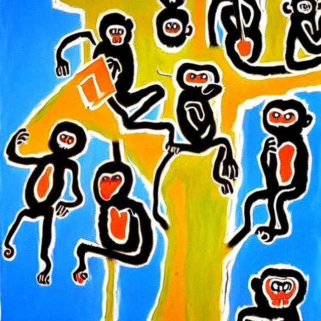 Image similar to a beautiful painting monkeys eat bananas in the tree, by jean michel basquiat realistic oil painting