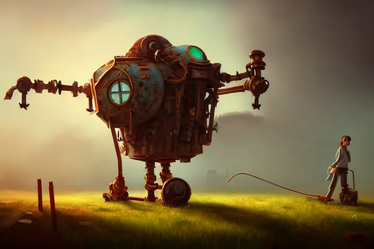 Prompt: a walking magic house with two mechanical legs, rust, hyperrealistic, highly detailed, cinematic, single ray of sun, fog, beautiful, cgssociety, artstation, 8 k, oil painting