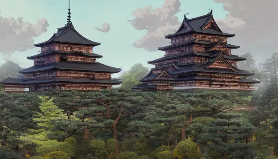 Image similar to A highly detailed matte painting of the huge japanese castle, wooden and dark, with matsu pine trees, with sakura cherry trees, by Studio Ghibli, Makoto Shinkai, by Artgerm, by beeple, by Greg Rutkowski, volumetric lighting, octane render, 4K resolution, trending on artstation, masterpiece