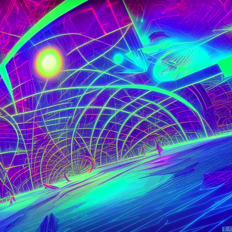 Image similar to elegant geometric space traffic in ethereal crystal city, ( ( synthwave ) ), ( ( fractal waves ) ), bright neon colors, highly detailed, exquisite detail, smooth gradients, cinematic, tim white, roger dean, michael whelan, caza, bob eggleton, philippe druillet, vladimir kush, kubrick, alfred kelsner, vallejo