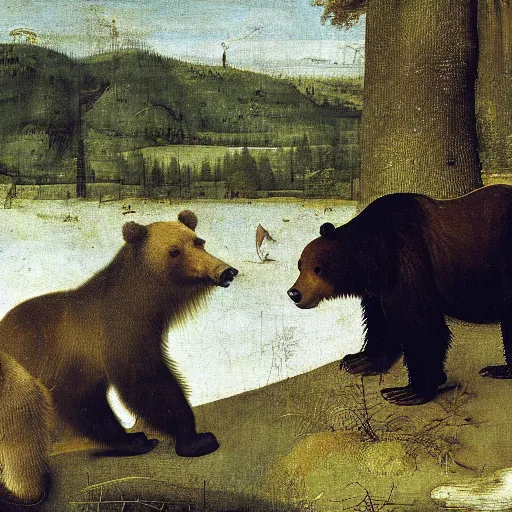 Prompt: a grizzly bear in the foreground, forest in the background, hieronymus bosch