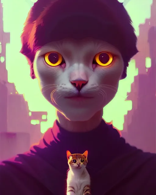 Image similar to portrait of humanoid cat, highly detailed vfx portrait, unreal engine, greg rutkowski, loish, rhads, beeple, makoto shinkai and lois van baarle, ilya kuvshinov, rossdraws, tom bagshaw, alphonse mucha, global illumination, detailed and intricate environment