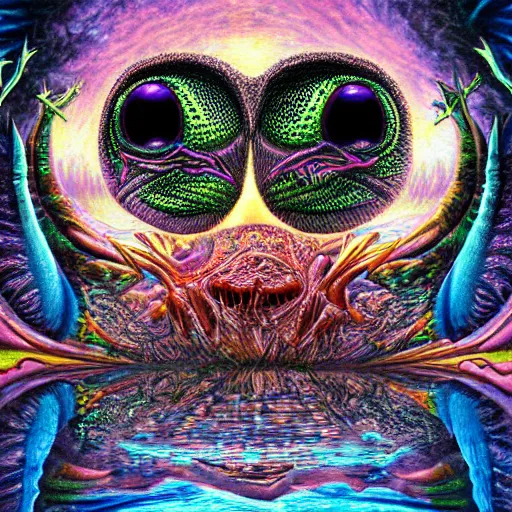 Prompt: dark fantasy, 4 k, textured 3 d, intense detail, psychedelic frog, amazing background, eyeball in center of hideous monster, alex grey style