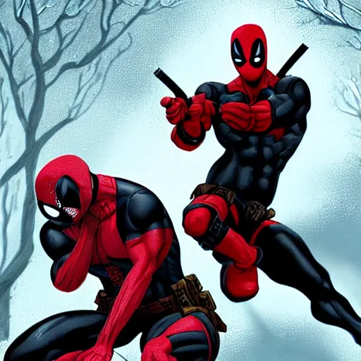 Image similar to deadpool and venom in the woods playing digital art 4 k detailed