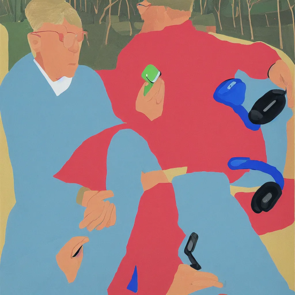 Image similar to i, a man wearing airpods pro and playing his iphone, by david hockney