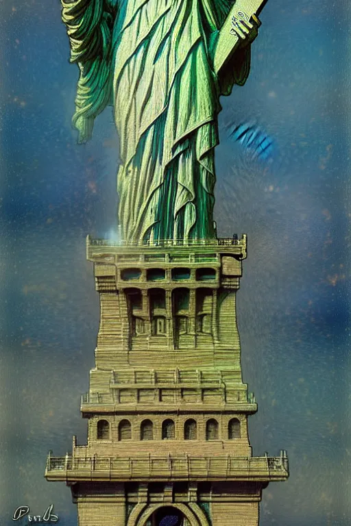 Image similar to psilocybin - hallucinations - statue - of - liberty, ( ( ( ( sharp focus, by gaston bussiere, bayard wu, giger, maxim verehin ) ) ) )