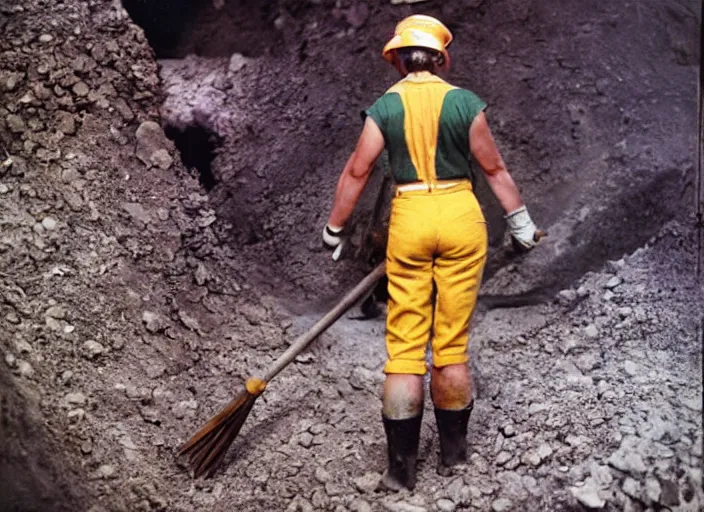 Image similar to 90's professional color photograph, A very muscular miner woman wielding a pickaxe in the mine.