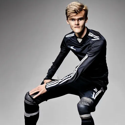 Image similar to a realistic detailed photo of a guy who is an attractive humanoid who is half robot and half humanoid, who is a male android, soccer player martin ødegaard, shiny skin, posing like a statue, blank stare, in a living room, on display, showing off his muscles