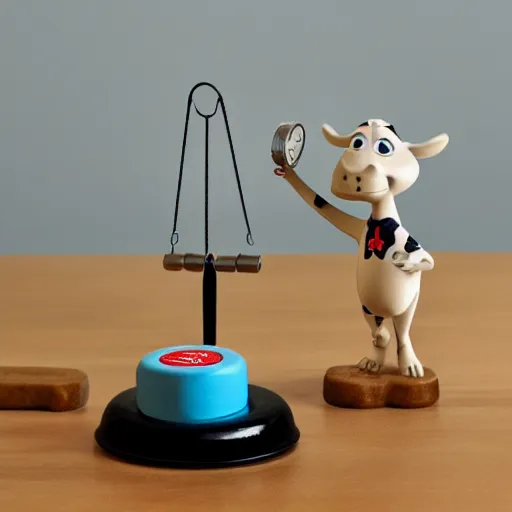 Prompt: set of balance scales with weights, weighing pixar cow figurine and pixar cat figurine in dish