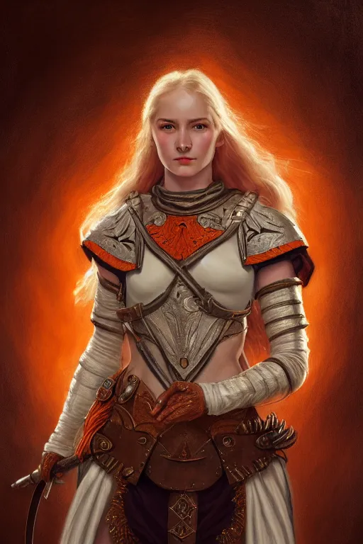 Prompt: full - body portrait of a ranger, female, white and orange breastplate, magical, high fantasy, d & d, by john collier, face details, extremely detailed, digital illustration