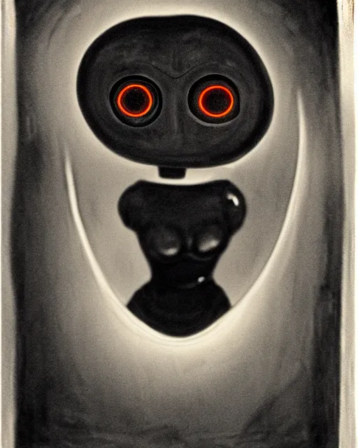 Image similar to scary portrait of a female robot with glowing eyes, similar to the scream drawing by Edvard Munch